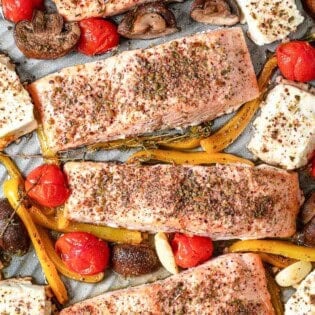 A close up of the Mediterranean salmon recipe a sheet pan.