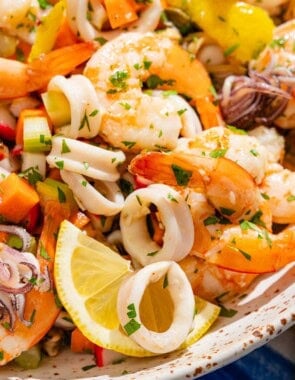 Seafood salad in a serving bowl.