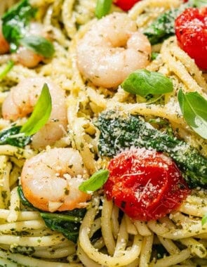 Shrimp pesto pasta in a serving bowl.