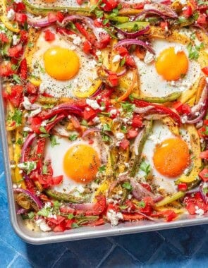 A close up of the baked sheet pan eggs.
