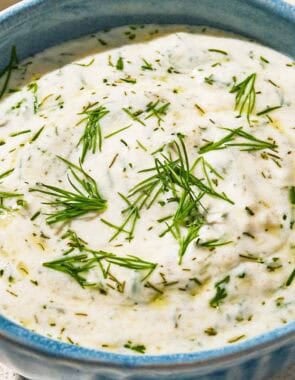 Dill sauce for salmon in a bowl.